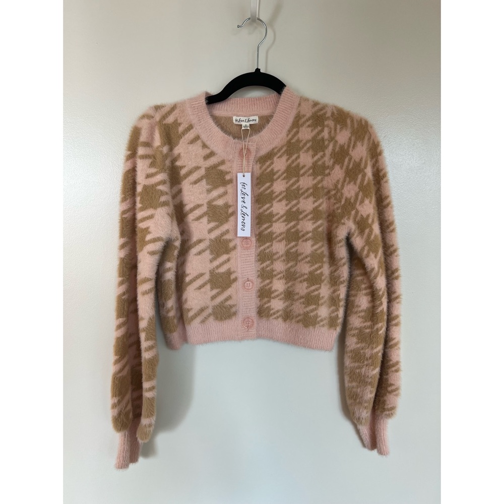 For love & Lemons, new, button up pink houndstooth sweater